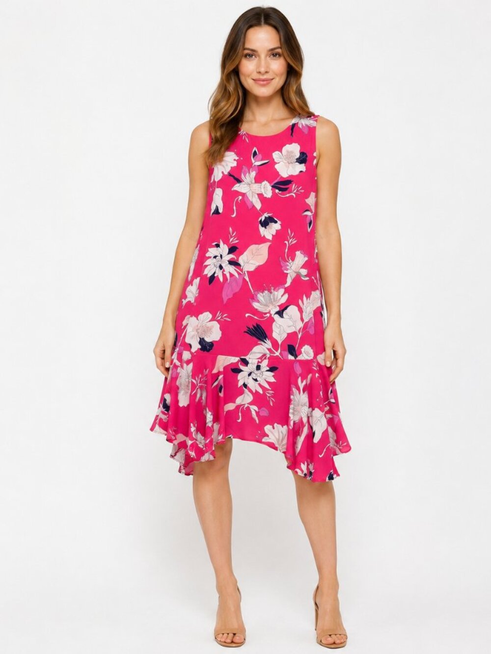 Belle Vere Pink Floral Chiffon Sleeveless Drop Waist Ruffle Hem Dress 12 NWT